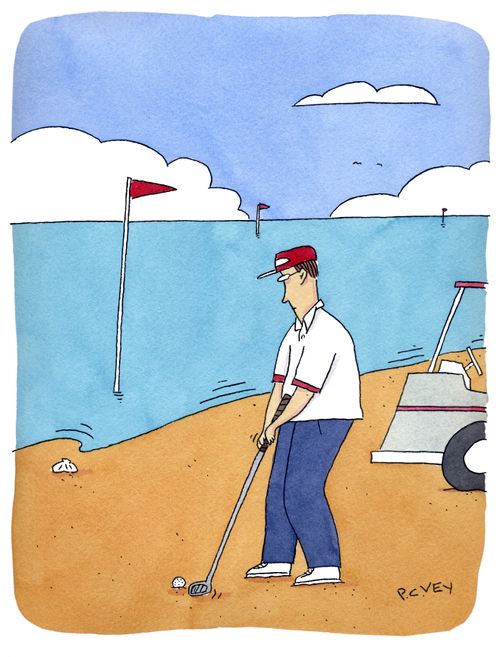 A man plays golf by the sea