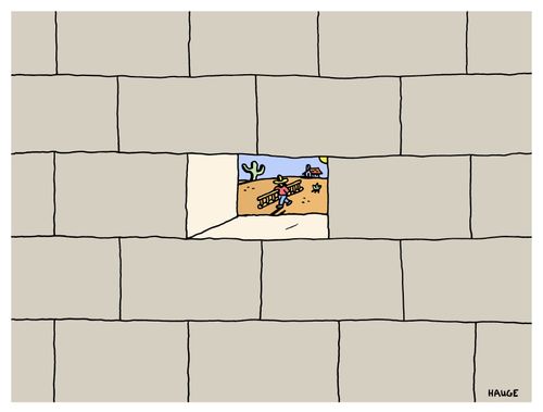 A missing brick in a wall reveals a man with a ladder.