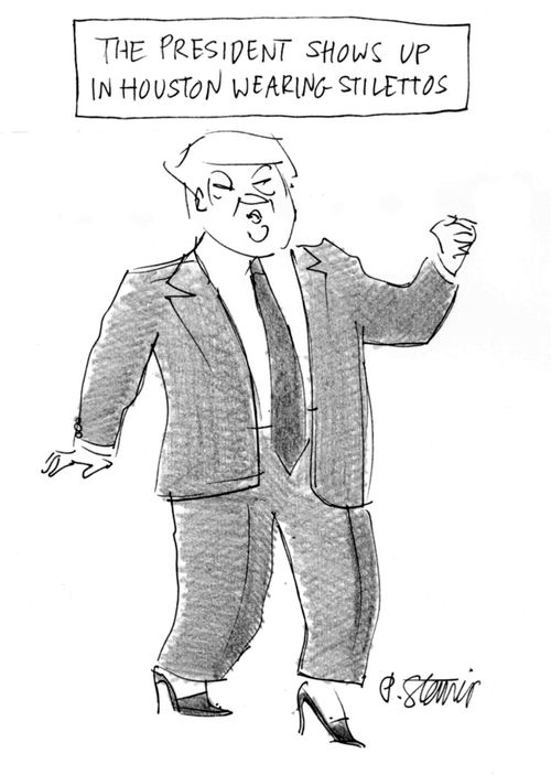 The president shows up in Houston wearing stilettos.