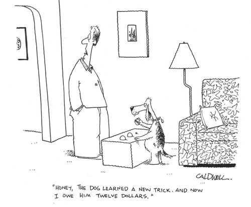 "Honey, the dog learned a new trick. And now I owe him twelve dollars."