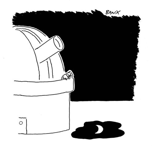 Man at telescope stares at reflection of moon in a puddle.