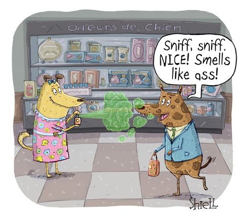 Sniff, sniff, NICE! Smells like ass! Doggie perfume.