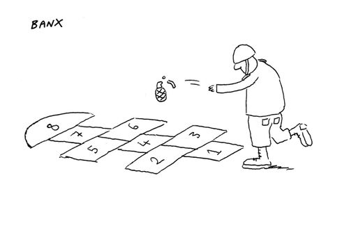 Soldier playing hopscotch with a grenade