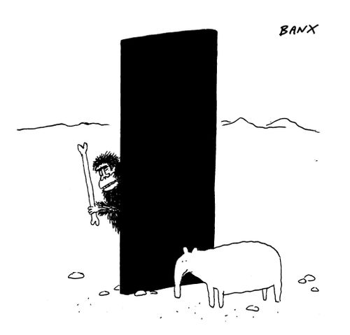 Ape ambushes anteater hiding behind a monolith.