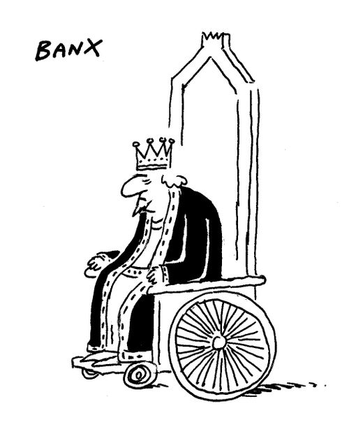 A king in a wheelchair throne