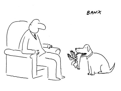 A dog brings a cherub to their owner