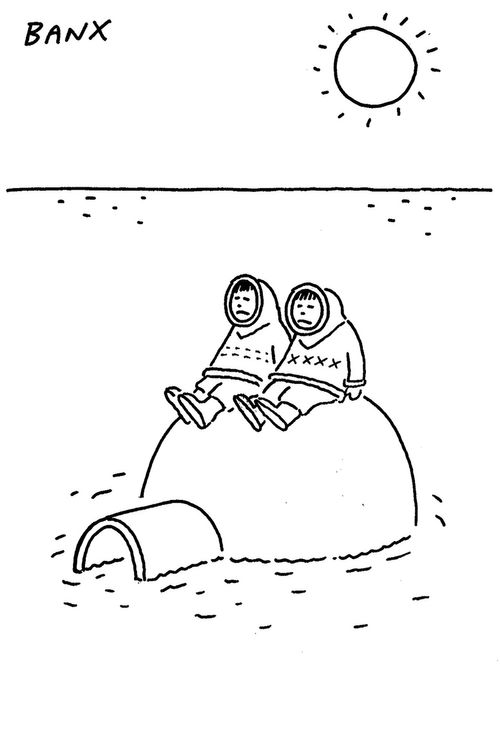 Two eskimos sit on an igloo floating in the middle of the sea