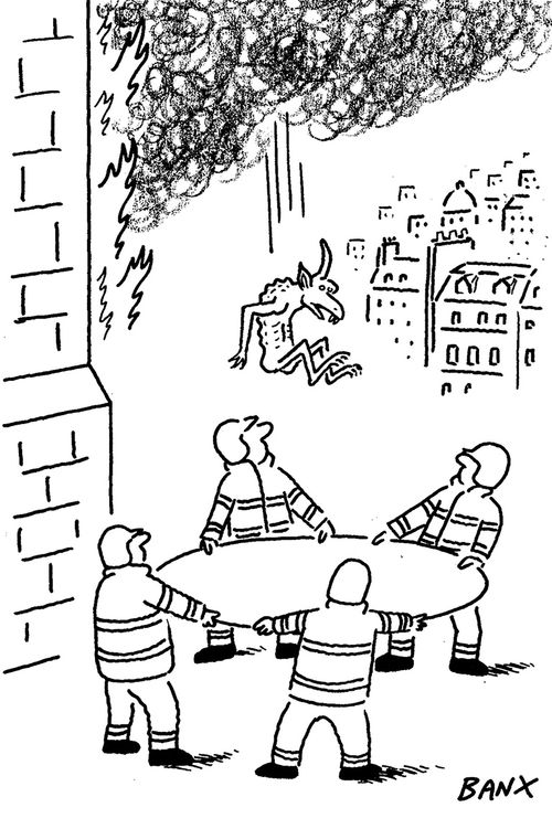 Firemen catching a gargoyle falling from a burning building