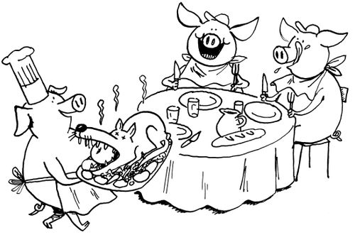 Three pigs sit down to eat roast wolf