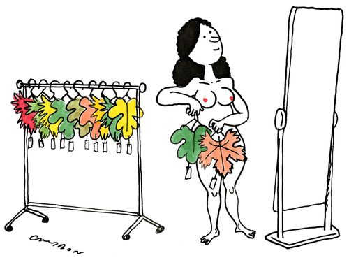 A woman tries on a variety of fig leaves