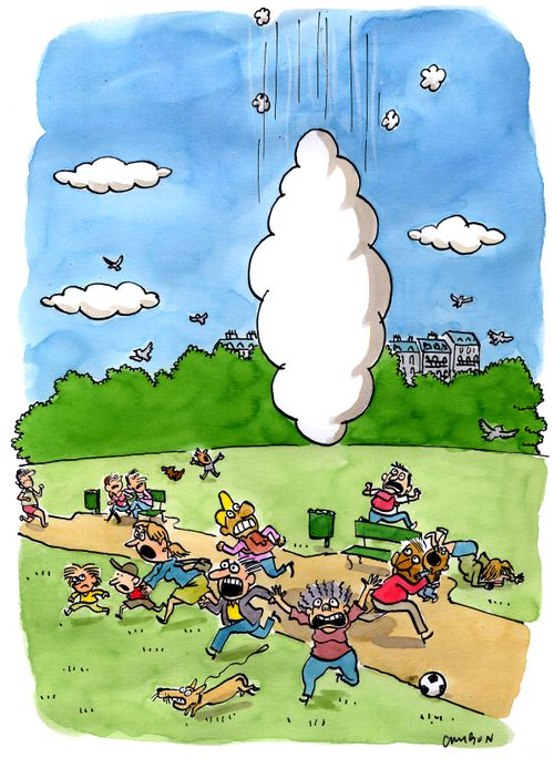 People run from a falling cloud