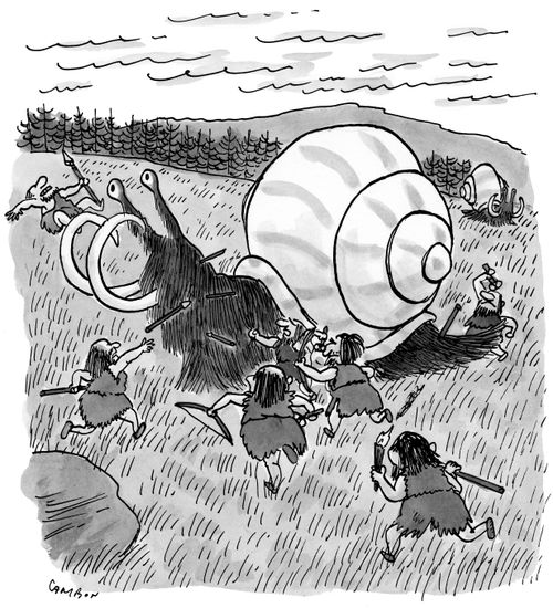 Cavemen attack a giant woolly snail