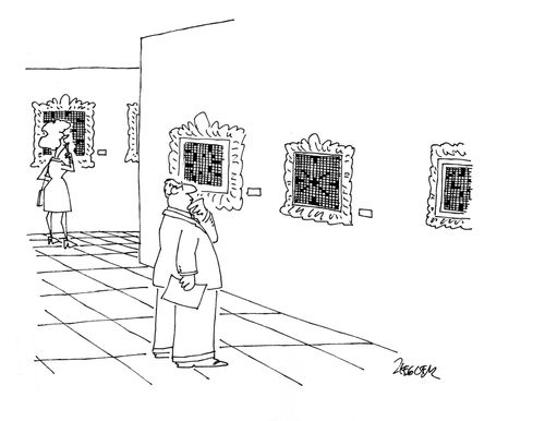 A man and a woman contemplate an art gallery filled with crossword puzzles.