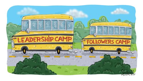 Leadership Camp bus followed by Followers Camp