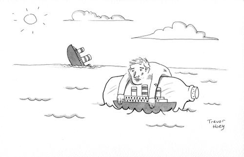 A shipwrecked man holds on to a floating ship in a bottle