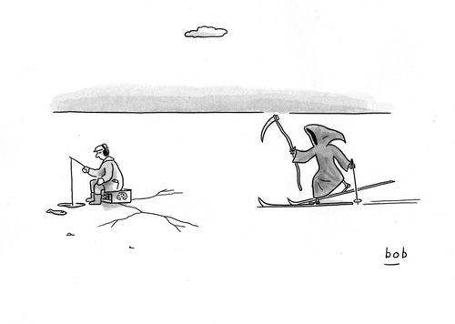 Death skis towards a man on thin ice