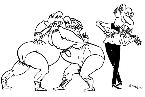 A violist serenades two wrestlers