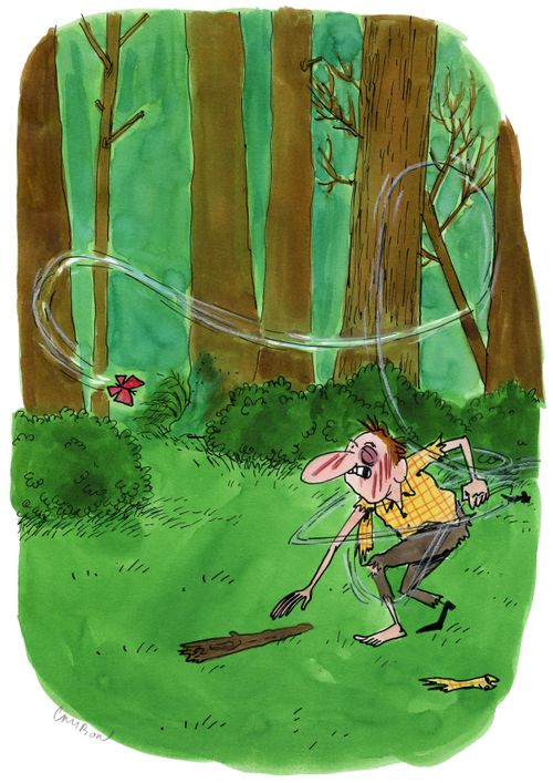 A butterfly attacks a man
