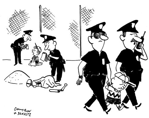 Police officers arrest a child at a murder scene