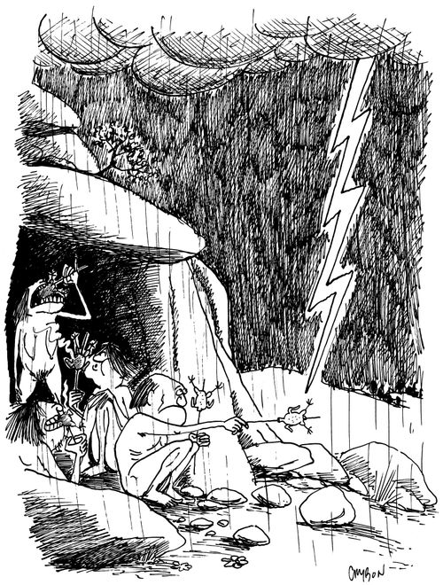 Prehistoric man tries to cook food with lightning