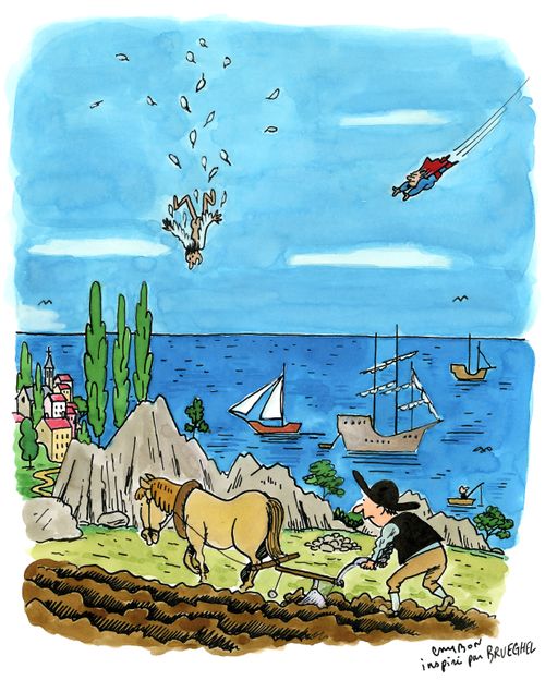 A caped superhero rescues Icarus