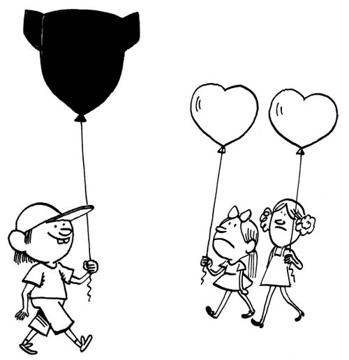 Two heart shaped balloons and a bomb shaped balloon.