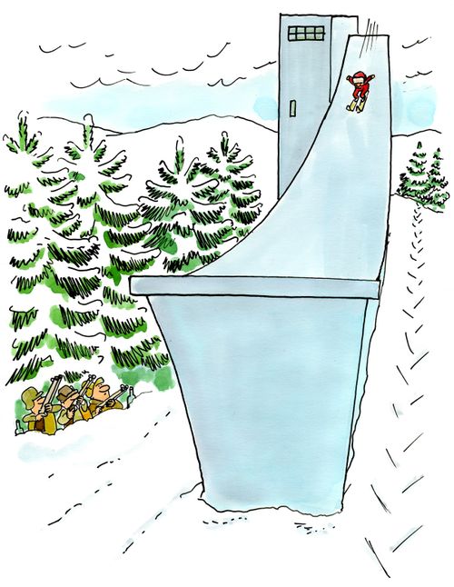 Hunters wait at the bottom of a ski jump ramp.