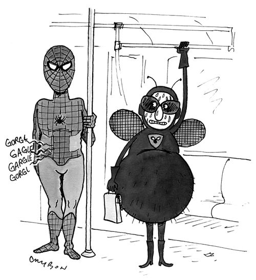 Spiderman's tummy rumbles on the subway