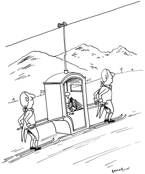 Porters carry a sedan chair up a ski slope