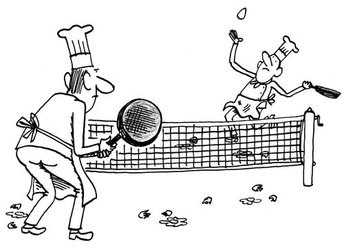 Two chefs play tennis with eggs