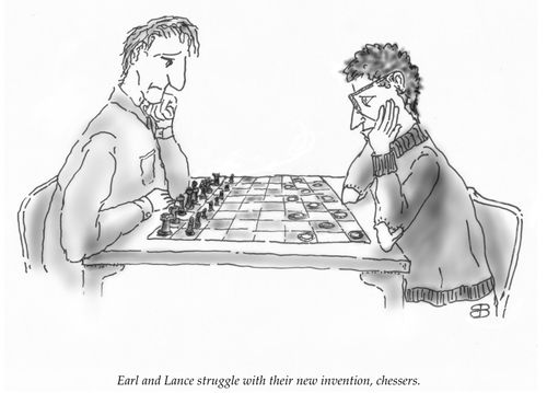 Earl and Lance struggle with their new invention, Chessers."