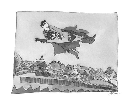Superman flies Batman over a suburban neighborhood.