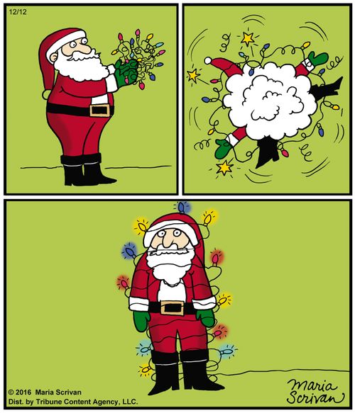 Santa Claus gets tangled in Christmas lights