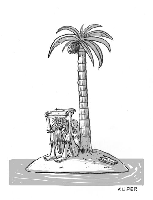 Castaway prepared for coconut to fall on his head