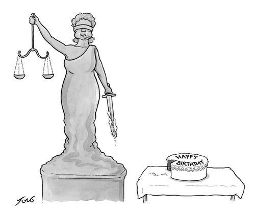 Lady Justice eats birthday cake