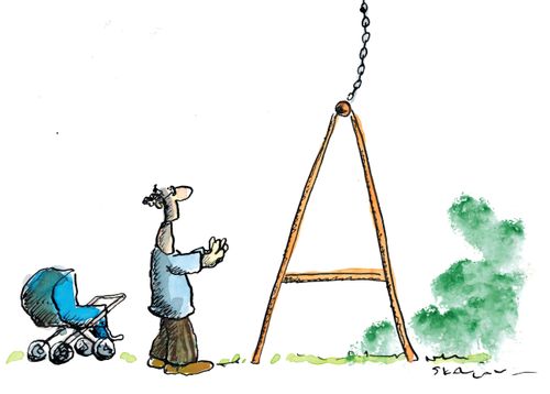 A father pushes his baby on a swing