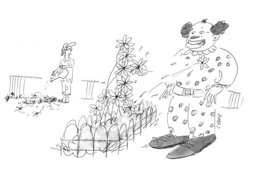 A clown waters his garden with squirting flower