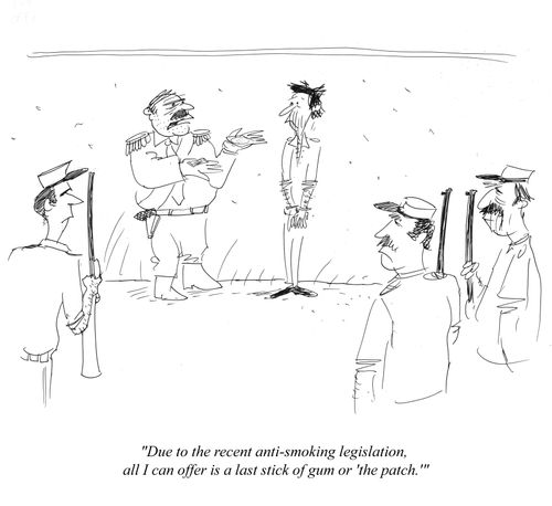 "Due to recent anti-smoking legislation, all I can offer you is a last stick of gum or 'the patch.'"