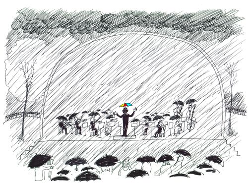 A orchestra performs in the rain