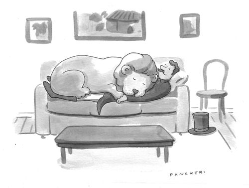 A man sleeps on the sofa with his pet lion