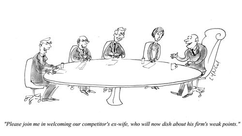 "Please join me in welcoming our competitor's ex-wife, who will now dish about his firm's weak points." 