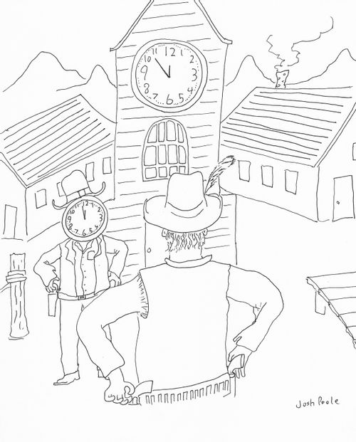 A showdown between a cowboy and a clock
