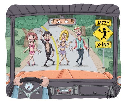 Jazzy Crossing: A group of jazz dancers cross the road at a Jazzy Crossing sign in a very Jazzy way