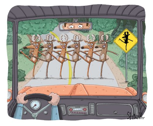 Kick-line Deer Crossing. A kick-line of deer cross the road Radio City Rockettes style.