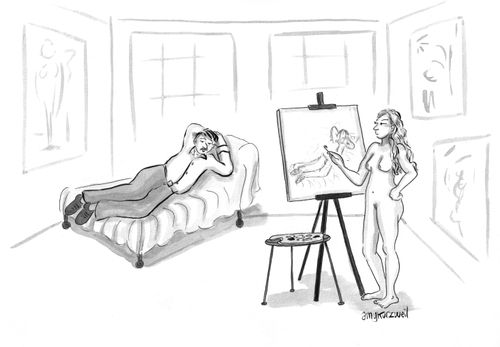 A life model paints a clothed man
