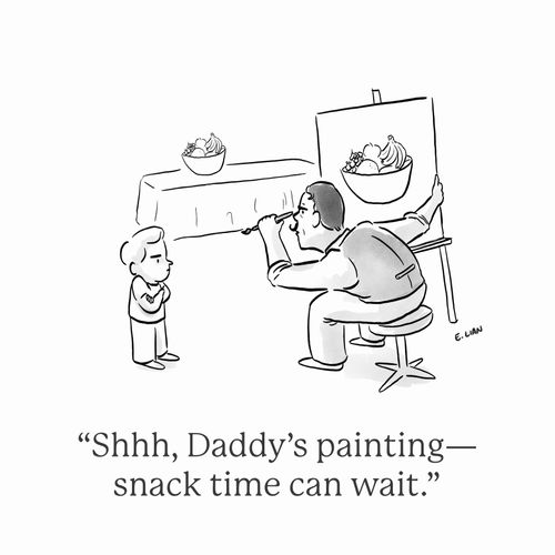 "Shhh, Daddy's painting – snack time can wait."