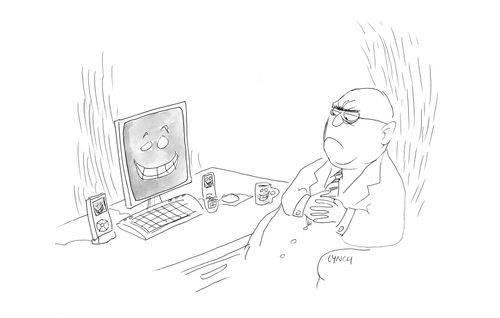 A frowning man looks at a smiling screen