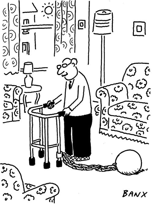 An old man with a ball and chain attached to his zimmer frame