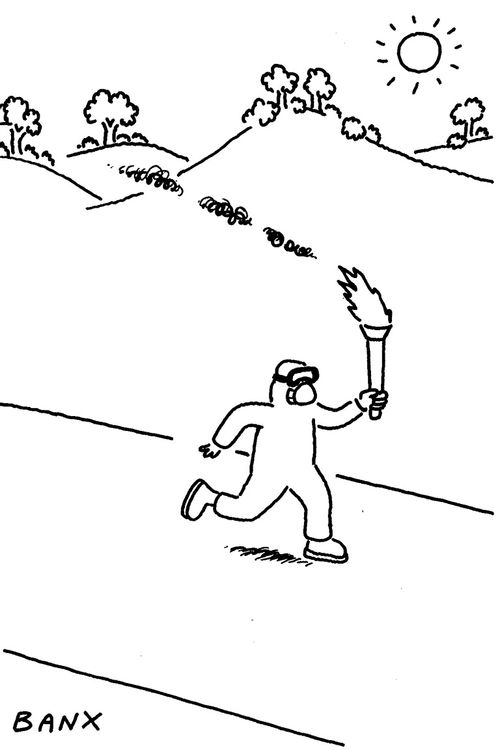 Person running with torch in hazmat suit