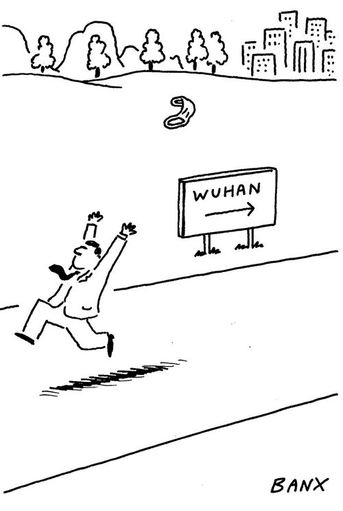 Man's face mask falls off as he runs away from Wuhan.